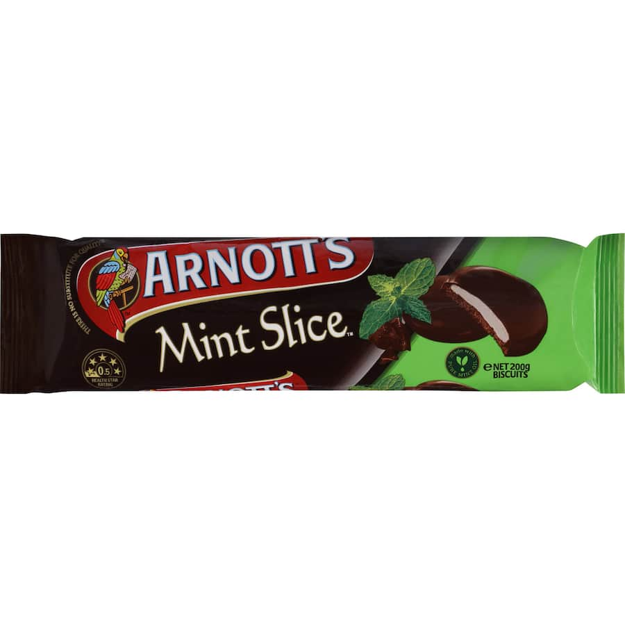 Arnotts Chocolate Biscuits Mint Slice features crunchy chocolate base, mint cream, and smooth dark chocolate coating.