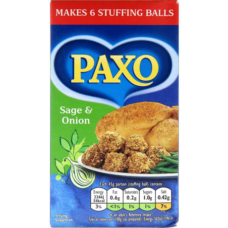 Paxo Stuffing Mix Sage & Onion, a savory blend perfect for enhancing roast dinners and traditional meals.