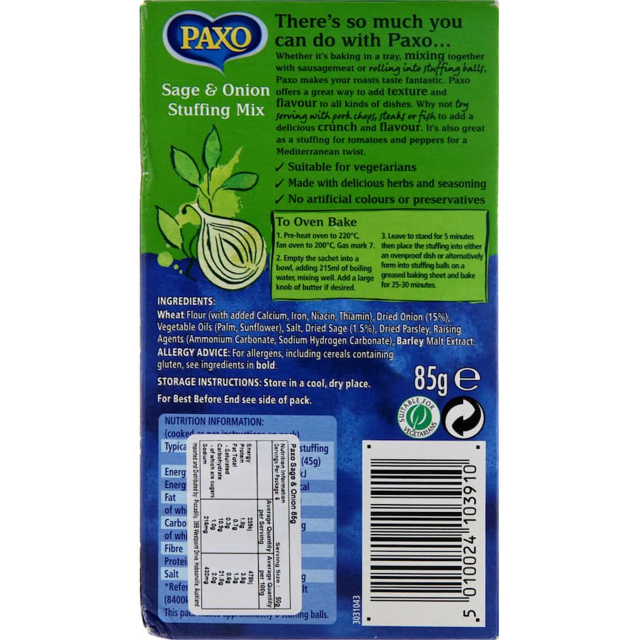 Paxo Stuffing Mix Sage & Onion, a savory blend perfect for enhancing roast dinners and festive meals.