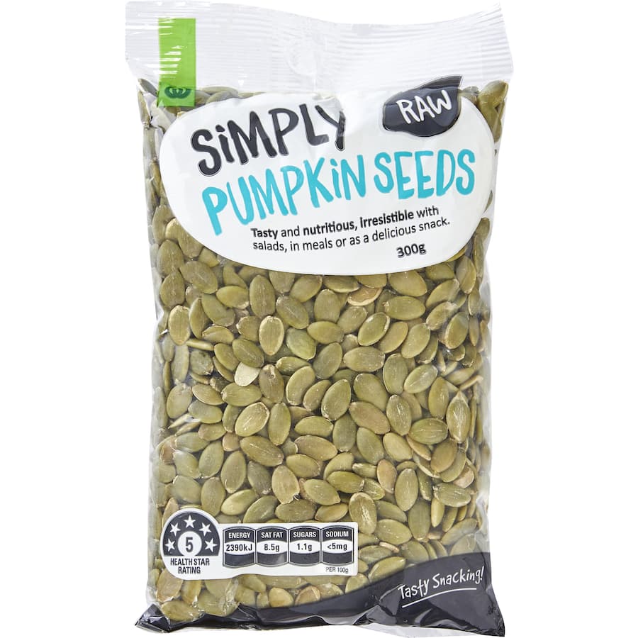 Woolworths Pumpkin Seeds - nutrient-rich kernels perfect for snacking or enhancing salads and baked goods.