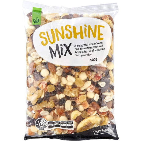 Woolworths Snack Mix Sunshine Mix: a colorful blend of peanuts, almonds, banana chips, and dried fruits for a healthy snack.