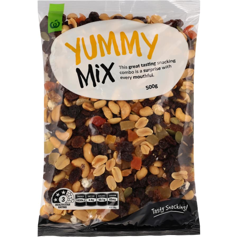 A colorful mix of crunchy peanuts, cashews, seeds, dried fruits, yogurt-coated sultanas, and chocolate bits.