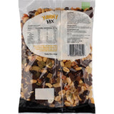 Woolworths Snack Mix Yummy Mix featuring peanuts, cashews, seeds, dried fruits, yogurt-coated sultanas, and chocolate bits.