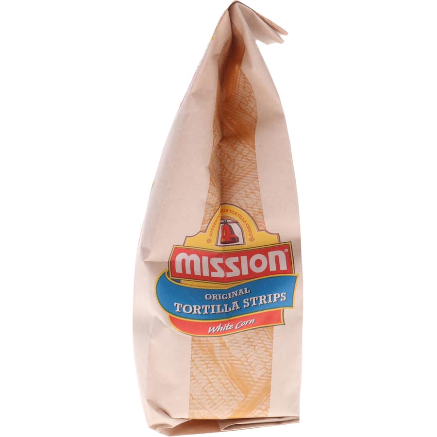 Crunchy Mission Mexican Tortilla Strips in white corn, perfect for dipping or snacking, offering authentic Mexican flavor.