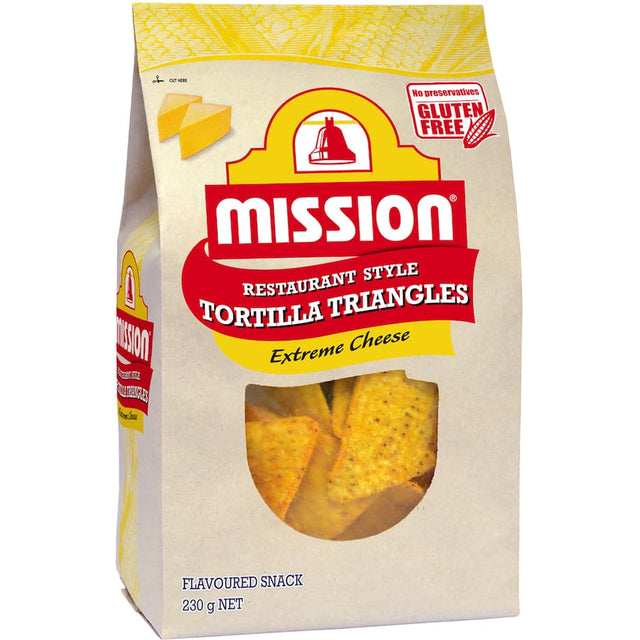 Crunchy Mission Mexican Extreme Cheese Corn Chips showcasing bold cheesy flavor, perfect for dipping and snacking.