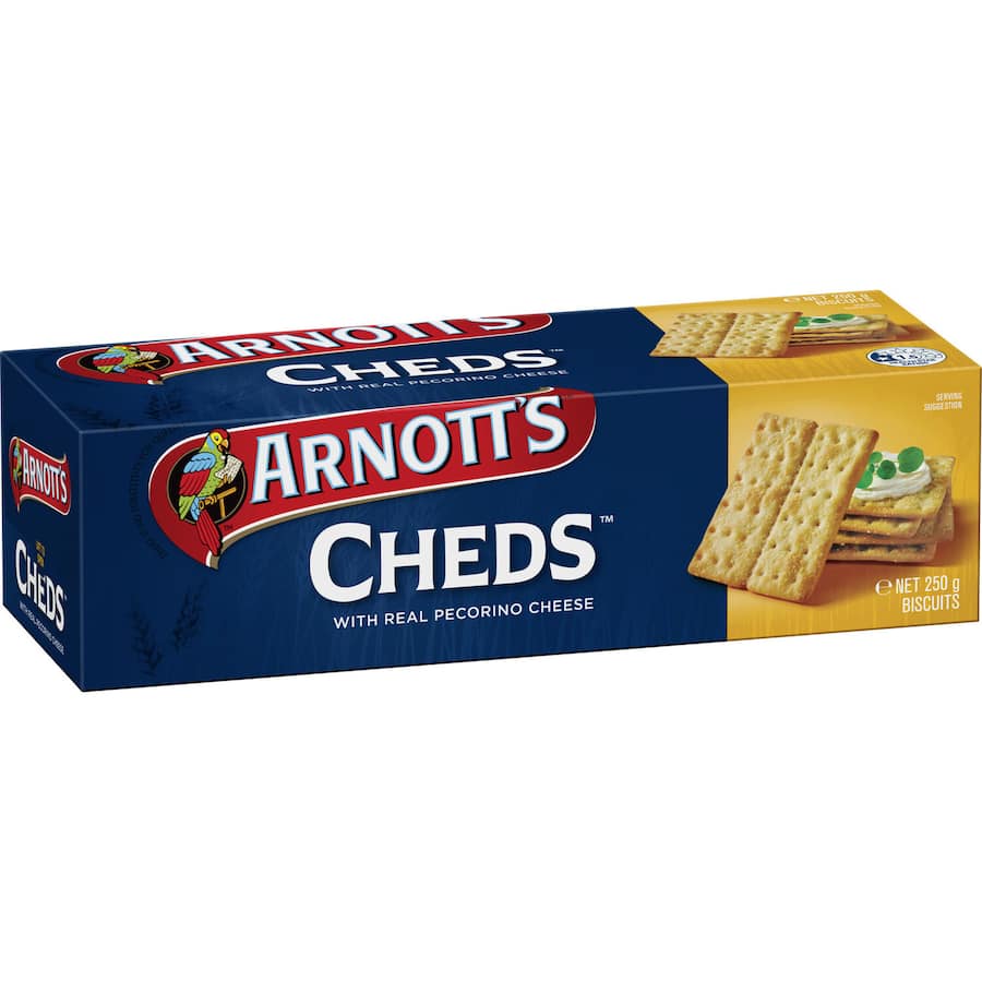 A box of Arnotts Crackers Cheds, featuring crispy cheddar-flavored crackers ideal for snacking and entertaining.