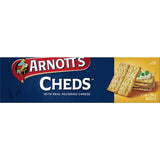 Crispy Arnotts Cheds crackers with bold cheddar cheese flavor, perfect for snacking or pairing with spreads and charcuterie.