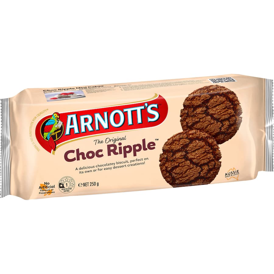 Delicious Arnott's Chocolate Ripple biscuits featuring rich chocolate flavor and a crunchy texture, perfect for snacks or desserts.