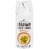 Light and crunchy brown rice cakes seasoned with tamari, made from organic Thai Jasmine rice for a wholesome snack.