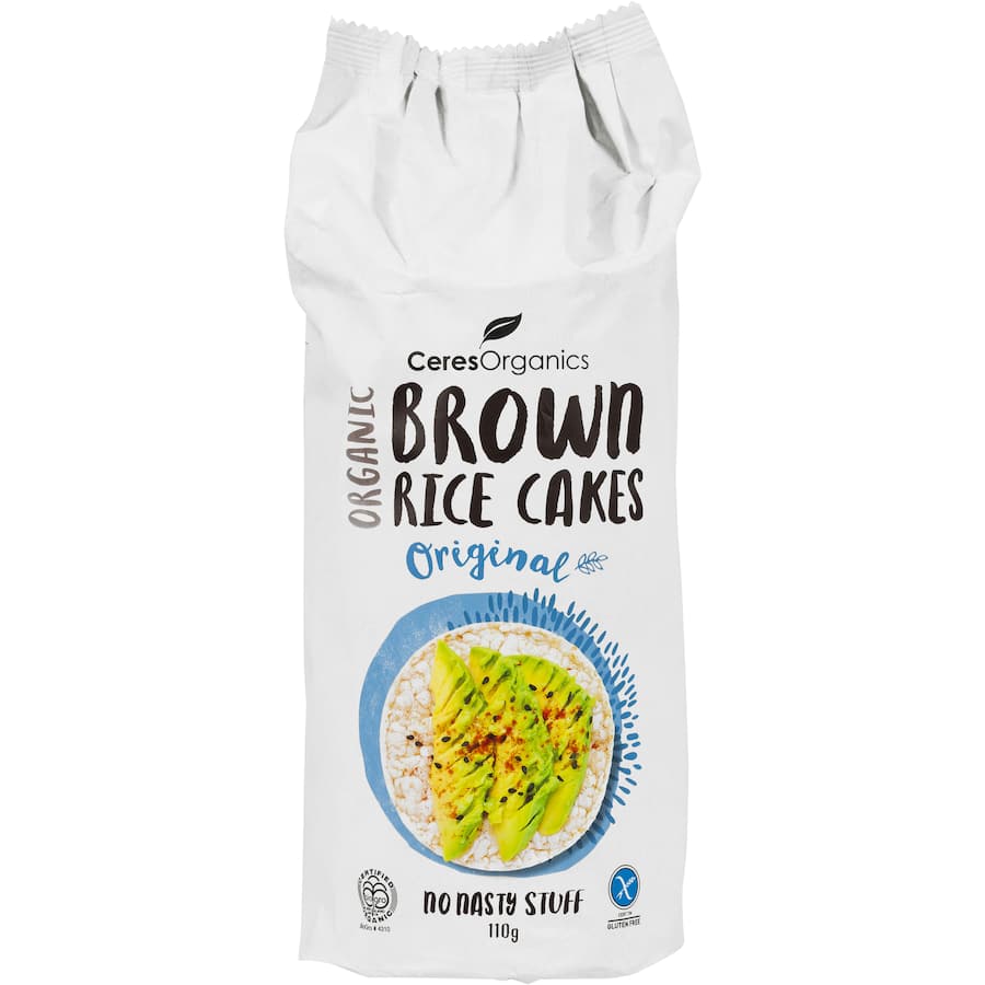 Thin, crispy brown rice cakes made from organic Thai jasmine rice, lightly salted for a wholesome snack option.