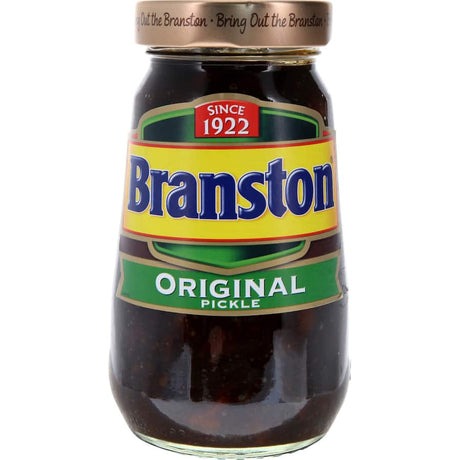 Jar of Branston Pickle Original showcasing its tangy, savory blend of vegetables and spices, perfect for sandwiches and cheese.