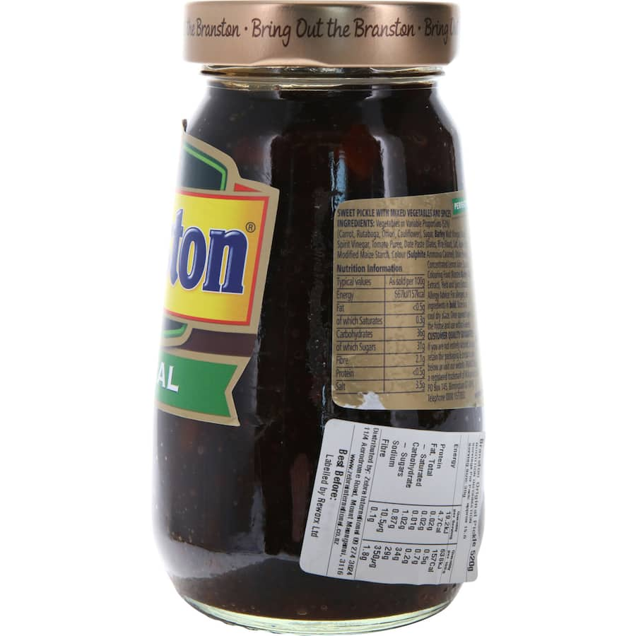 Jar of Branston Pickle Original, a tangy British condiment made with vegetables, vinegar, and spices for sandwiches and cheeses.