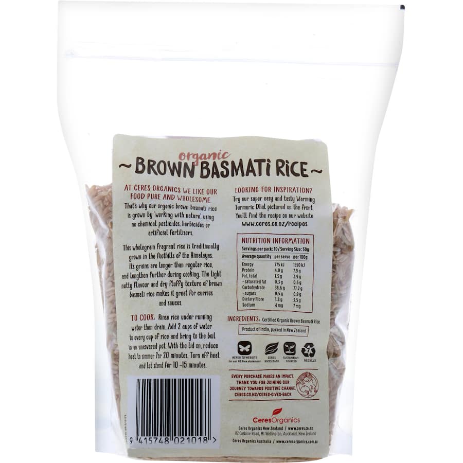 Ceres Organics Brown Basmati Rice, organic wholegrain with long grains, nutty flavor, perfect for curries and stir-fries.