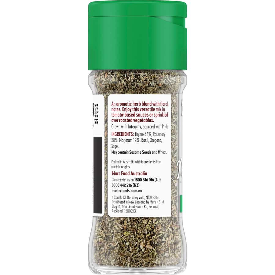 Aromatic blend of thyme, rosemary, marjoram, basil, oregano, and sage for enhancing dishes like sauces and roasted vegetables.