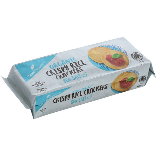 Ceres Organics Rice Crackers Sea Salt - crispy, organic snacks with sea salt, perfect for dipping or enjoying on their own.