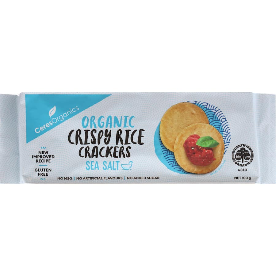 Ceres Organics Sea Salt Rice Crackers: crispy, organic snack perfect for dipping, gluten-free, and guilt-free enjoyment.