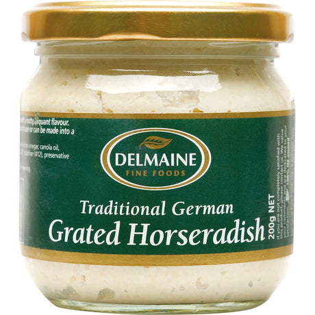 Delmaine Grated Horseradish: premium, zesty condiment perfect for enhancing beef, sauces, and dips with rich flavor.