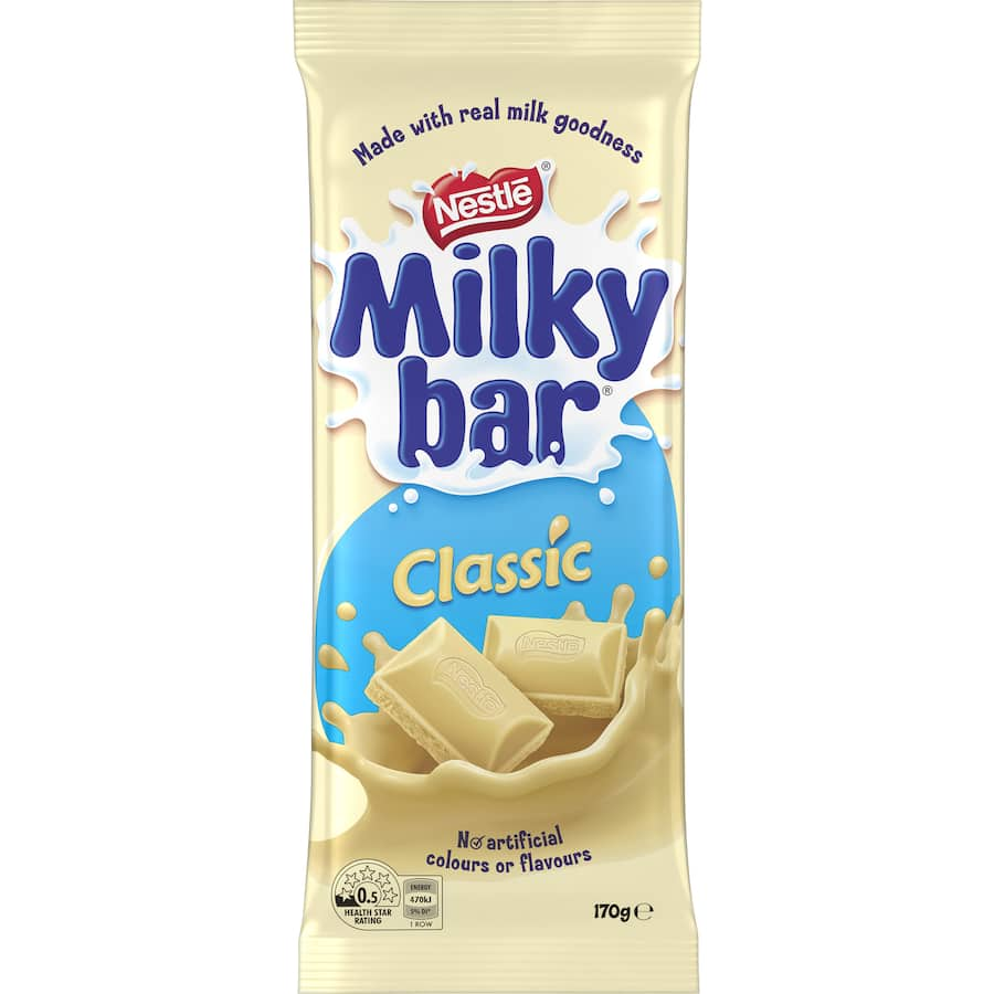 Nestle Milky Bar Classic 170g block of creamy white chocolate made with real milk, perfect for sharing or indulging.