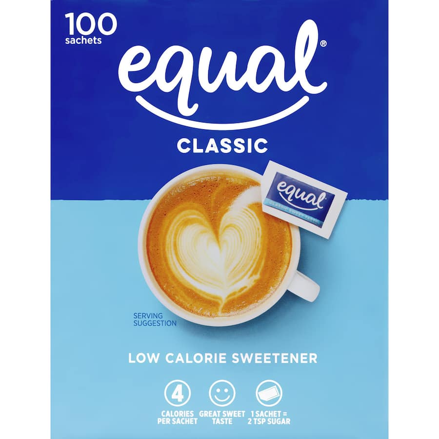 Equal Sugar Substitute Sachets for a guilt-free sweet taste, equivalent to 2 teaspoons of sugar, made with aspartame.