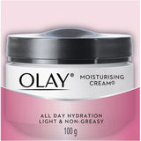 Olay Moisturising Cream for all-day hydration, lightweight formula for soft, radiant skin, absorbs quickly without greasiness.