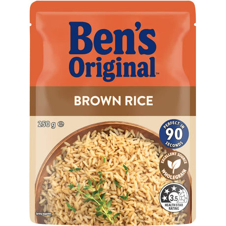 Bens Original Microwave Brown Rice: Quick-cooking, whole grain rice ready in 90 seconds, free of artificial additives.