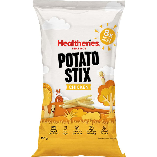 Healtheries Kidscare Potato Snack Stix Roast Chicken, 160g crunchy, dairy-free snacks with savory flavor and lower fat.