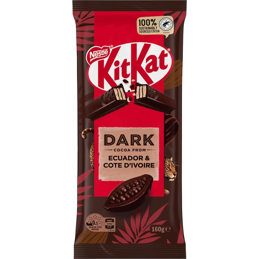 KitKat Dark Chocolate Block features 11 crispy wafer fingers coated in rich dark chocolate, perfect for sharing and indulgence.