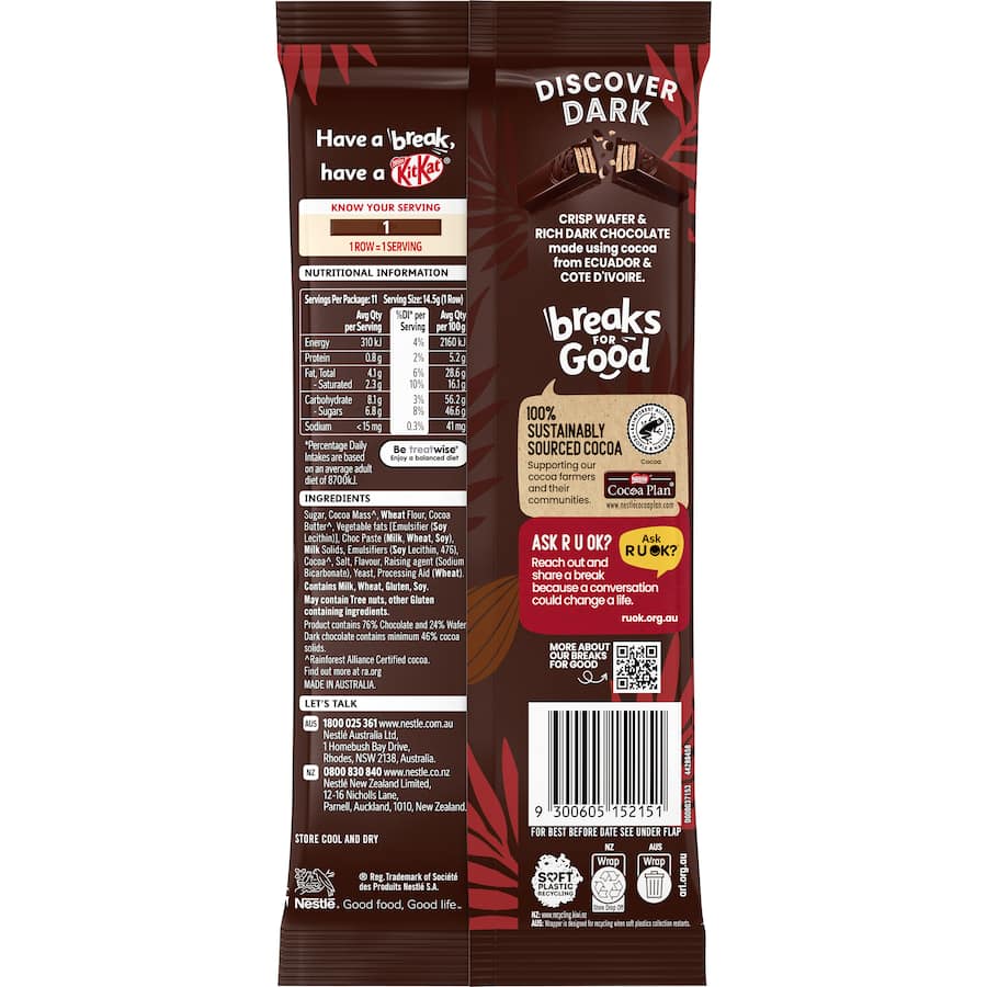 Nestle Kit Kat Dark Cocoa chocolate block with 11 wafer fingers in rich dark chocolate, made from sustainable cocoa.