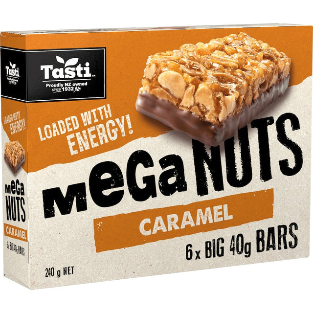 Tasti Mega Nuts Nut Bars Caramel: chewy, protein-packed bars with caramel flavor and crunchy nuts in a 6-pack for healthy snacking.