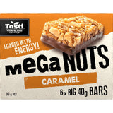 Chewy and crunchy Tasti Mega Nuts Caramel Nut Bars, packed with protein and fiber, perfect for healthy snacking on the go.