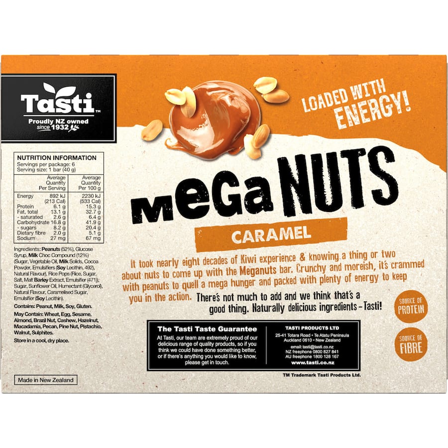 Tasti Mega Nuts Nut Bars Caramel: nutritious snack packed with protein, caramel flavor, and crunchy nuts; gluten-free and satisfying.