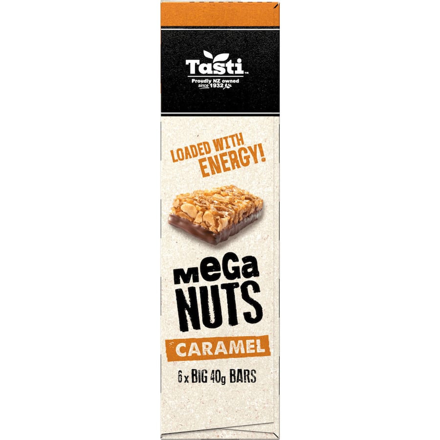 Tasti Mega Nuts Nut Bars with caramel flavor, packed with protein and fiber, perfect for healthy snacking on the go.