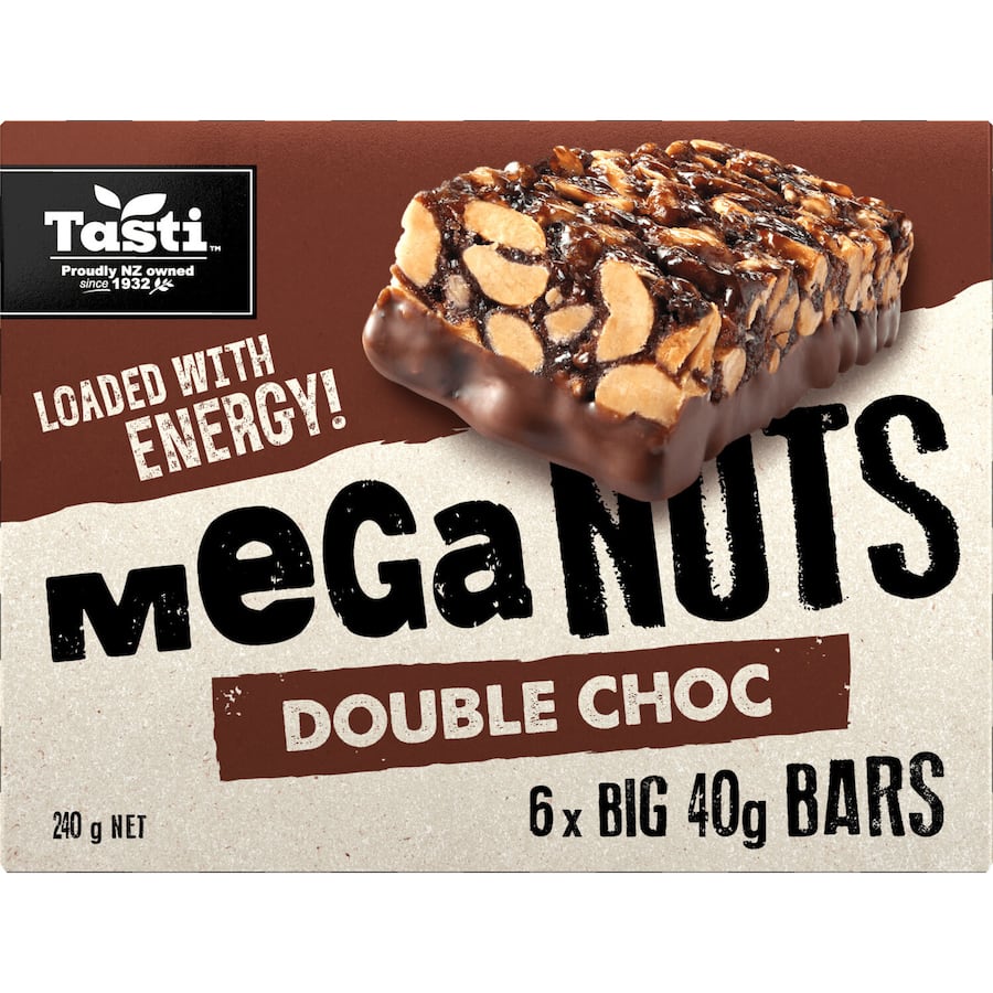 Tasti Mega Nuts Double Choc bars: protein-packed, gluten-free nut bars with rich chocolate, perfect for guilt-free snacking.