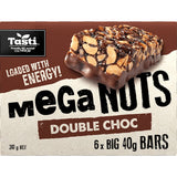 Tasti Mega Nuts Double Choc bars: protein-packed, gluten-free nut bars with rich chocolate, perfect for guilt-free snacking.