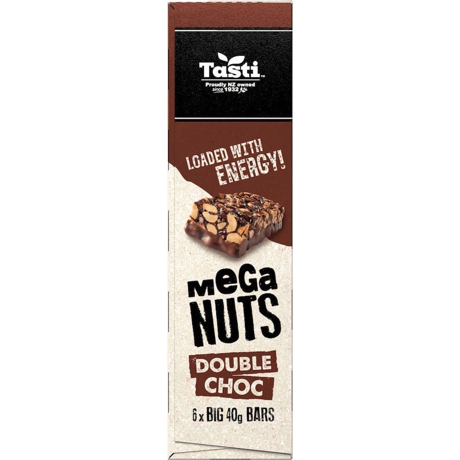 Tasti Mega Nuts Double Choc Nut Bars: chocolatey, protein-packed snack bars with crunchy nuts, perfect for health-conscious chocolate lovers.