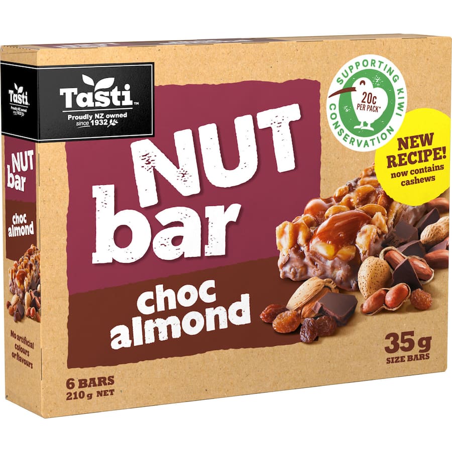 Tasti Nut Bars Choc Almond: Crunchy almond bars coated in rich chocolate, a nutritious, guilt-free snack for energy on-the-go.