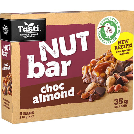 Tasti Nut Bars Choc Almond: Crunchy almond bars coated in rich chocolate, a nutritious, guilt-free snack for energy on-the-go.