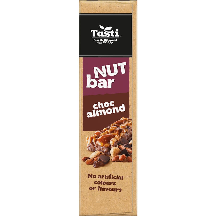 Tasti Nut Bars Choc Almond: delicious chocolate-coated bars with crunchy almonds, offering nutritious energy and protein.