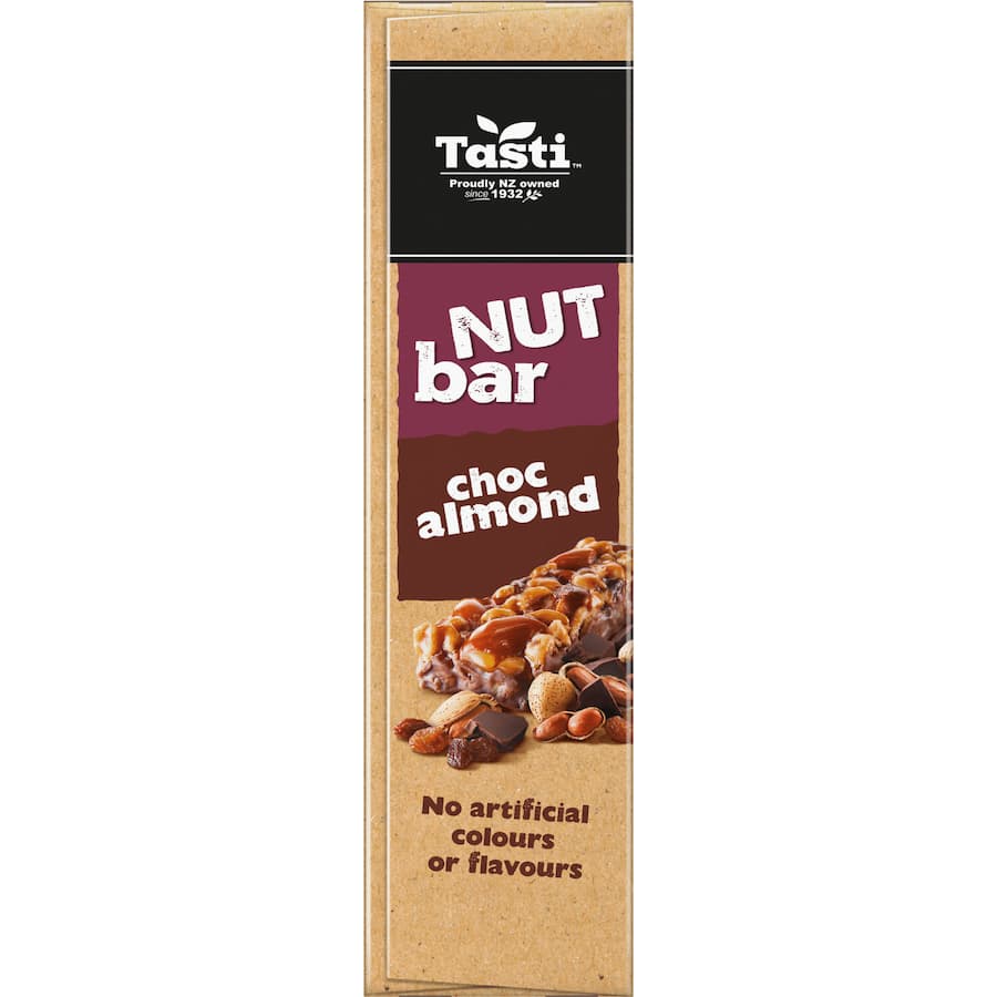 Tasti Nut Bars Choc Almond: crunchy almond bars coated in rich chocolate, packed with protein for a nutritious snack.