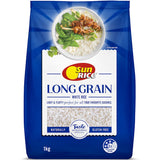 Sun Rice Long Grain Rice Premium White, featuring long slender grains that stay fluffy and separate, ideal for various dishes.