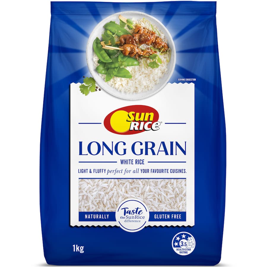 Sun Rice Long Grain Rice Premium White in a bag, featuring long, slender grains for fluffy, gluten-free cooking versatility.