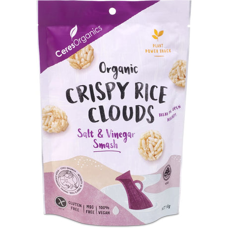 Ceres Organics Rice Crackers Salt and Vinegar, crispy and tangy, perfect for healthy snacking or pairing with dips.