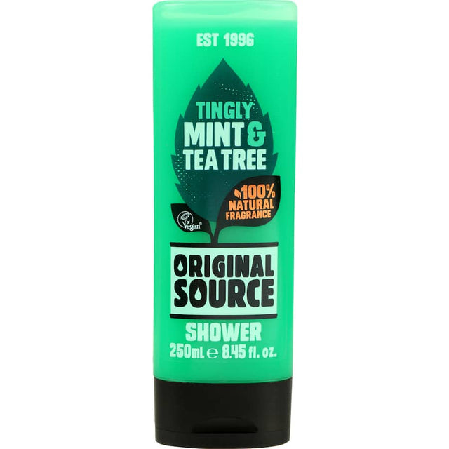 Invigorating Original Source Mint & Tea Tree Shower Gel with natural ingredients in a recyclable bottle for a refreshing cleanse.