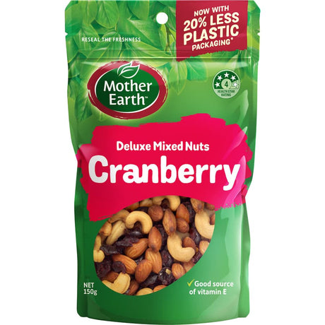 Mother Earth Snack Mix Deluxe features roasted almonds, cashews, and sweet cranberries for a nutritious, flavorful snack.