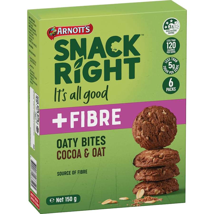 Crunchy Arnotts Snack Right Oaty Bites with cocoa and oats, offering a tasty, nutritious snack for any time of day.