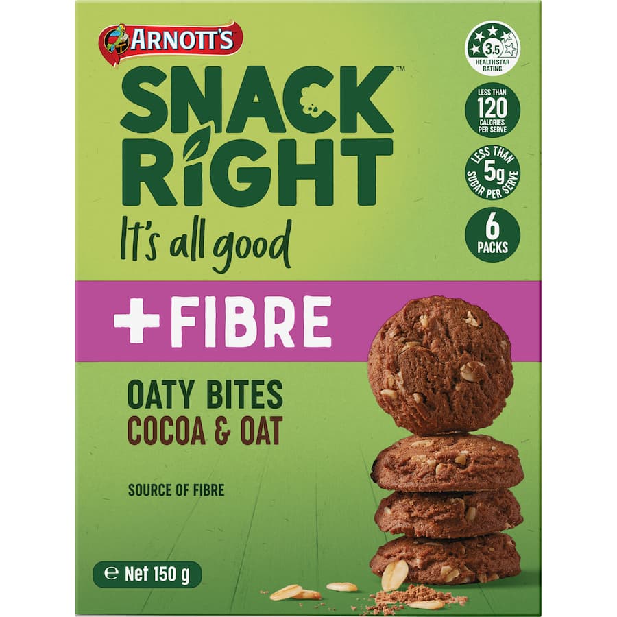 Crunchy Arnotts Oaty Bites with cocoa and oats, offering a nutritious, delicious snack for energy on the go.