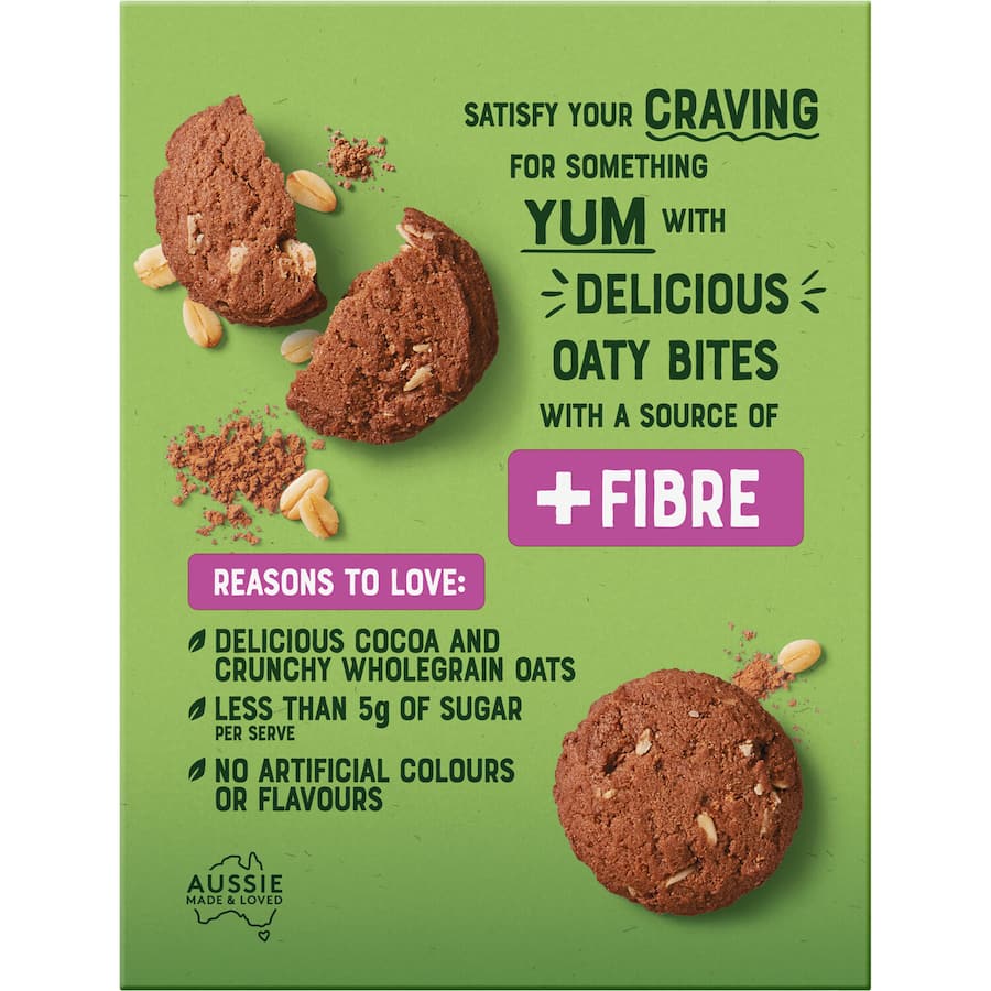 Cocoa and oat biscuits offering a crunchy, fiber-rich snack that's tasty and nutritious for on-the-go indulgence.