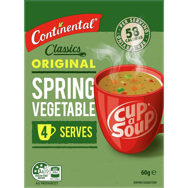 Continental Cup A Soup Spring Vegetable: quick, low-calorie instant soup with peas, capsicum, and carrots for a tasty snack.