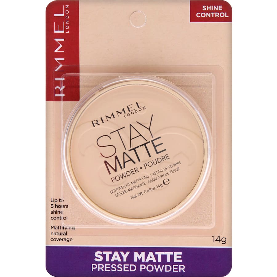 Rimmel Pressed Powder Matte Transparent packaging, designed for shine control and pore minimization in a lightweight formula.