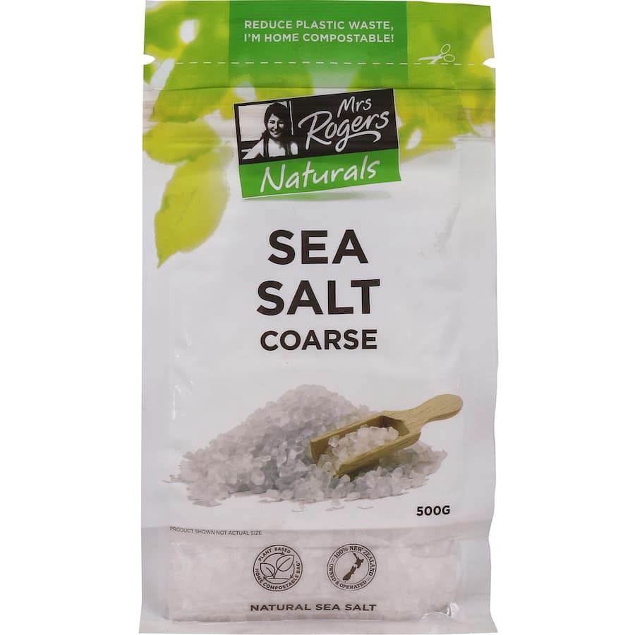 Mrs Rogers Sea Salt Natural in a bag, offering pure flavor and versatility for gourmet cooking and seasoning.